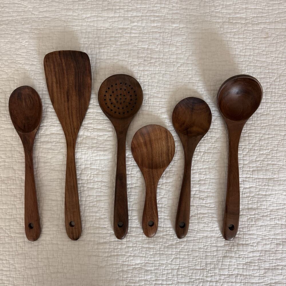 Vintage Wood Utensil Set Dark Wooden Spoons, Slotted Spatula for Kitchen